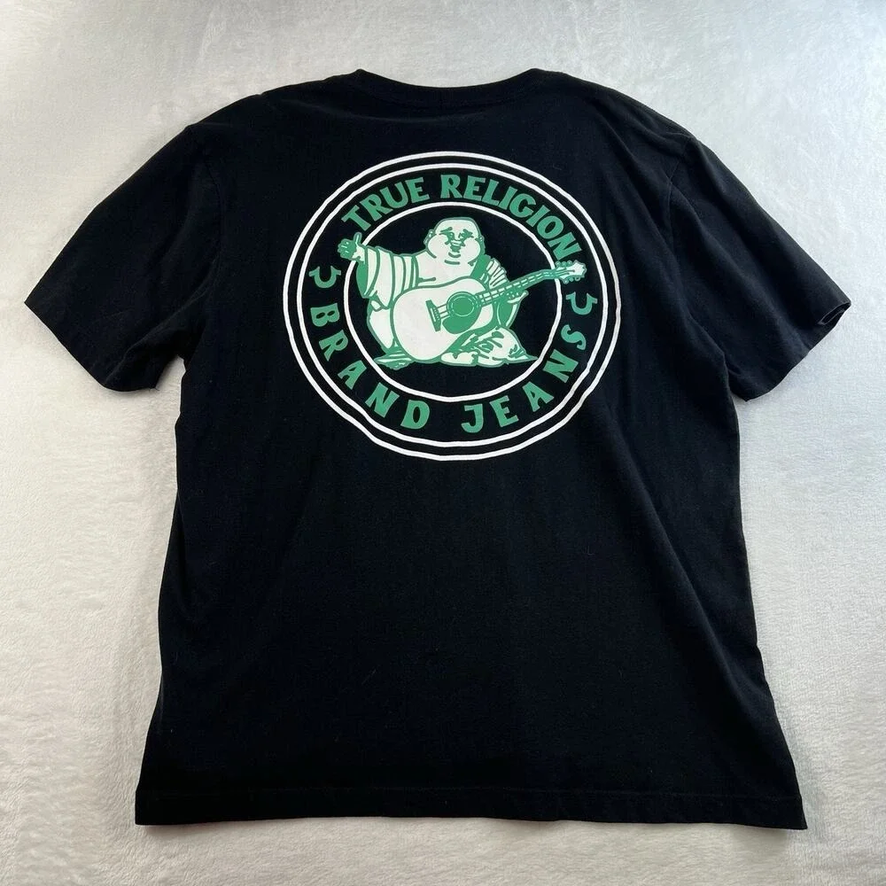 True Religion XL T-Shirt Buddha‎ Logo Graphic Seal Short Sleeve Tee Cotton Black